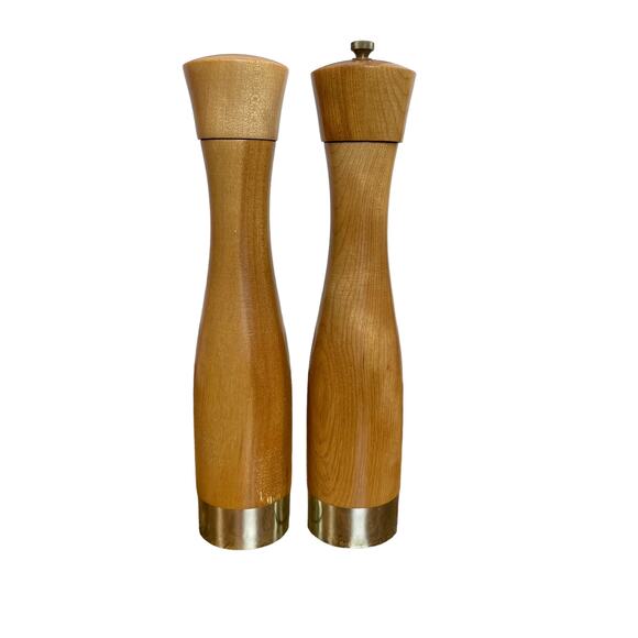Wooden Salt Shaker and Pepper Grinder Set 10" Sleek MCM Modern Silver Accent - Picture 1 of 7